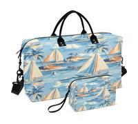 Borsone da viaggio, borsa da palestra, con motivo a onde di palme e mare, borsa da viaggio con borsa da toilette per aereo, viaggi, palestra, yoga, Barca a vela Palm Sea Wave, Taglia unica, alla moda