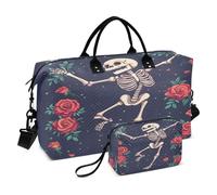 Borsone da viaggio, borsa da palestra con scheletro che danza con rose, borsa da viaggio con borsa da toilette per aereo, viaggi, palestra, yoga, Scheletro Danzante Rose, Taglia unica, alla moda