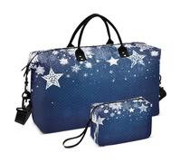 Borsone da viaggio, borsa da palestra con sfondo blu scuro con fiocco di neve, borsa da viaggio con borsa da toilette per aereo, viaggi, palestra, yoga