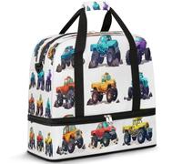 Borsone da viaggio carino Monster Trucks Cartoon per donne e uomini borse da notte per il fine settimana pieghevole bagnato separato 47 L Tote Bag per sport palestra yoga, Colore, 47 L, Organizer per
