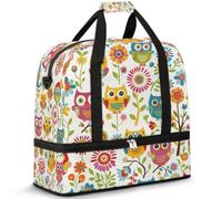 Borsone da viaggio colorato con gufi divertenti per donne e uomini, con gufo dei cartoni animati, pieghevole, borsa da palestra per il fine settimana e la notte, borsa da cabina con scomparto per