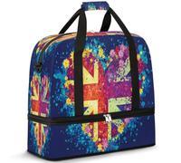 Borsone da viaggio con bandiera del Regno Unito con motivo floreale e cuore, per donne e uomini, per il fine settimana, pieghevole, separato, 47 l, per sport, palestra, yoga, Colore, 47 L, Organizer