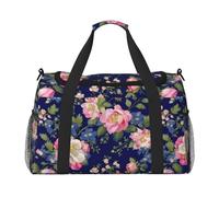 Borsone da viaggio con base floreale blu navy con cerniere e manici, grande borsone pieghevole per vacanze in famiglia, Nero , Taglia unica