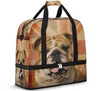 Borsone da viaggio con bulldog inglese, vintage, con bandiera britannica, per donne e uomini, pieghevole, per sport, palestra, fine settimana, pernottamento, borsa da cabina con scomparto per scarpe