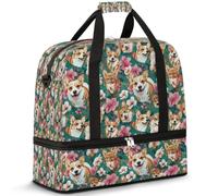 Borsone da viaggio con cane Corgi con fiore carino per donne e uomini borse da notte per il fine settimana pieghevole bagnato separato 47 L tote bag per sport palestra yoga, Colore, 47 L, Organizer