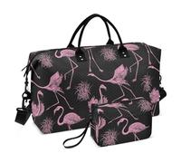 Borsone da viaggio con fenicotteri rosa su sfondo nero, borsone sportivo pieghevole con borsa da toilette per trekking palestra, Fenicotteri rosa su sfondo nero, 1 Size