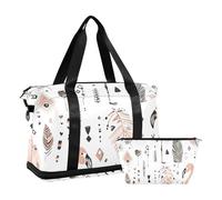 Borsone da viaggio con fenicotteri rosa tribali bohémien con piume nere, borsa da viaggio per il fine settimana con borsa da toilette per viaggi di lavoro, set da 2 pezzi, Fenicotteri rosa tribali