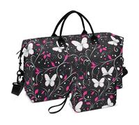 Borsone da viaggio con fiori di pesca e farfalle bianche e nero, borsa da viaggio per il fine settimana, borsa da palestra con tracolla regolabile per viaggio multifunzionale Bolsa de lona para
