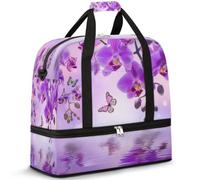 Borsone da viaggio con fiori e farfalle, per donne e uomini, con orchidea floreale viola, pieghevole, per sport, palestra, fine settimana, pernottamento, borsa da cabina con scomparto per scarpe