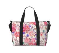 Borsone da viaggio con fiori e rose e farfalle, borsa da viaggio per uomo, borsa da viaggio per weekender, borsa sportiva da palestra, nero, Taglia unica