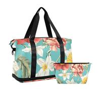 Borsone da viaggio con fiori, narcisi, peonia, narciso, turchese, borsa da viaggio a tracolla per fine settimana, con tracolla regolabile, per aereo, viaggi multifunzionali, Fiori narcisi Peonia