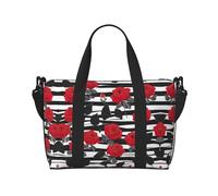 Borsone da viaggio con fiori rossi a righe e rose rosse, borsa da viaggio per uomo, borsa da viaggio per weekender, borsa sportiva da palestra, nero, Taglia unica