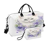 Borsone da viaggio, con fiori viola intorno al gatto, borsa da palestra con borsa portaoggetti, borsa per la notte, per uomini e donne, viaggi, sport, yoga, Multicolore, Taglia unica