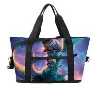 Borsone da viaggio con gatto che cavalca la galassia di dinosauro, borsa espandibile per il fine settimana, borsa impermeabile per sport, palestra, ospedale, Multicolore 1., taglia unica, Borsone da