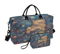 Borsone da viaggio con gatto che dorme nello spazio, con borsa da toilette e tracolla regolabile, per viaggi, palestra, yoga, fine settimana, Multicolore, Taglia unica, Beauty case