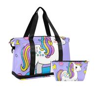 Borsone da viaggio con grazioso motivo unicorni con paillettes finte, tasca bagnata, tracolla regolabile, set da 2 pezzi, per uomini e donne