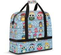 Borsone da viaggio con gufi dei cartoni animati per donne e uomini borse da notte per il fine settimana pieghevole bagnato separato 47 L Tote Bag per sport palestra yoga, Colore, 47 L, Organizer per