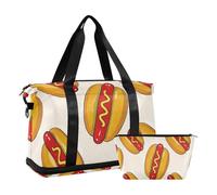 Borsone da viaggio con hot dog giallo, grande, per weekender/pernottamento con borsa da toeletta da viaggio, set da 2 pezzi, Cartone animato hot dog giallo, 1 size