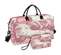Borsone da viaggio, con motivo floreale bianco e cavallo rosa, borsa da palestra con borsa portaoggetti, borsa per la notte, per uomini e donne, viaggi, sport, yoga, Multicolore, Taglia unica