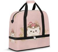 Borsone da viaggio con motivo floreale con riccio carino per donne e uomini, borse per la notte per il fine settimana, pieghevole, separato da bagnato, 47 l, per sport, palestra, yoga, Colore, 47 L,