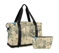 Borsone da viaggio con motivo retrò di libri antichi con stelle e foglie verdi, con tasca bagnata, tracolla regolabile, borsa da palestra per viaggi d'affari, grande capacità, per uomini e donne