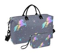 Borsone da viaggio con motivo unicorni carini e cartoni animati, borsa da palestra con tracolla regolabile per escursionismo, set da 2 pezzi, Cartone animato carino unicorni di colore, 1 size