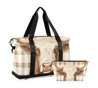 Borsone da viaggio con mucca scozzese marrone pastello, borsa da viaggio per il fine settimana con borsa da toilette per trekking multifunzionale, Scozia mucca marrone pastello, 1 size