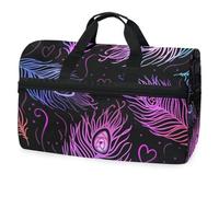 Borsone da viaggio con piume di pavone viola con cuori, per uomini, donne, ragazzi, ragazze, adolescenti, borsa sportiva oversize con scomparto per scarpe, per la notte, il fine settimana, yoga,