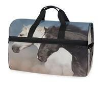 Borsone da viaggio con ritratto di cavalli neri e bianchi, per uomini, donne, ragazzi, ragazze, adolescenti, borsa sportiva oversize con scomparto per scarpe, borsa per allenamento durante la notte,