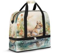Borsone da viaggio con scoiattolo carino per donne e uomini, con fiori di scoiattolo, pieghevole, per sport, palestra, fine settimana, pernottamento, borsa da cabina con scomparto per scarpe