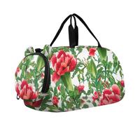 Borsone da viaggio con scomparto per scarpe da viaggio per bambini, motivo floreale, verde, arancione, Garofani floreali rossi Foglie verdi, classico