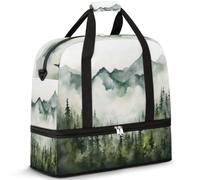 Borsone da viaggio con scomparto per scarpe e custodia per trolley, acquarello, montagne, foreste, sport, palestra, borsa pieghevole per il fine settimana, per donne e uomini, Nero