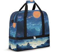 Borsone da viaggio con scomparto per scarpe e custodia per trolley, montagne, fiumi, sport, palestra, borsa pieghevole per il fine settimana, per donne e uomini, Nero