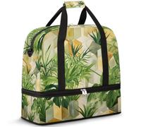 Borsone da viaggio con scomparto per scarpe e custodia per trolley, motivo foglie tropicali e specchio con diamanti, borsa da palestra pieghevole, per donne e uomini, Nero