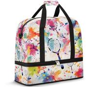 Borsone da viaggio con scomparto per scarpe e custodia per trolley, racchetta da tennis con schizzi di colore, borsa da palestra pieghevole, per donne e uomini, Nero