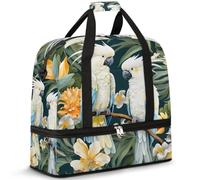 Borsone da viaggio con scomparto per scarpe e custodia per trolley, ramo tropicale, pappagallo bianco, borsa sportiva da palestra pieghevole per il fine settimana per donne e uomini, Nero