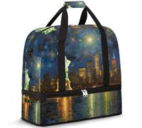 Borsone da viaggio con scomparto per scarpe e custodia per trolley, statua della libertà, cielo stellato, borsa sportiva da palestra, pieghevole, per donne e uomini, Nero