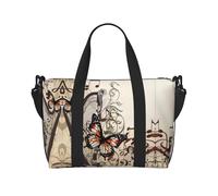 Borsone da viaggio con sfondo musicale con arpa e farfalla, borsa da viaggio leggera in tessuto Oxford, borsa da viaggio da donna, ideale per palestra da uomo, Nero , Taglia unica