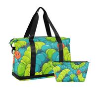 Borsone da viaggio con simpatico animale dei cartoni animati, bruco, verde, borsa da viaggio, borsa da viaggio con borsa da toeletta per il viaggio, set da 2 pezzi, Simpatico bruco animale cartone