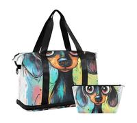 Borsone da viaggio con simpatico cucciolo di bassotto nero, con cinghia regolabile, multifunzionale, per escursioni, Cartone animato carino cucciolo di bassotto nero, 1 size