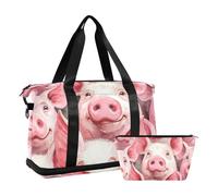 Borsone da viaggio con simpatico maialino rosa in stile cartone animato, borsone da viaggio con cinghia regolabile per yoga multifunzionale, Cartone animato carino maiale rosa, 1 size