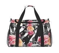 Borsone da viaggio con stampa a righe zebrate con fiori e rose, ampio spazio, grande capacità, borsa da viaggio a mano per il fine settimana in aereo