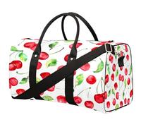 Borsone da viaggio con stampa ad acquerello, con foglie di ciliegia rossa, borsa da palestra pieghevole, borsa per la notte, borsa da viaggio per donne e uomini, Acquerello Pittura Frutta, 17.4(L) x
