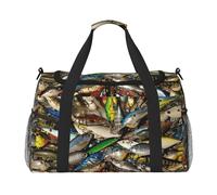 Borsone da viaggio con stampa di esche da pesca, ampio spazio, elegante, con cerniera impermeabile, per aeroplano e palestra