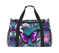 Borsone da viaggio con stampa di farfalle e fiori viola, borsa da viaggio per donne e uomini, borsa da palestra, Nero , Taglia unica