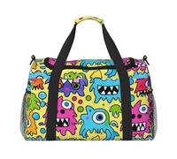 Borsone da viaggio con stampa di mostri colorati in stile cartone animato, per uomini e donne, borse da viaggio pieghevoli e spaziosa borsa da viaggio per riporre articoli da toeletta, articoli