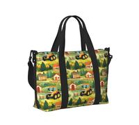 Borsone da viaggio con stampa di un villaggio di trattori in stile cartone animato, da donna, articolo personale durante la notte, weekender, sport, borsa da palestra per uomini e donne