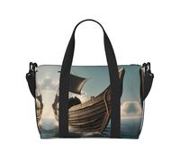 Borsone da viaggio con stampa di una vecchia barca vichinga, borsone da allenamento, borsa a tracolla per la notte, borsa da weekender, per donne e uomini, nero, Taglia unica