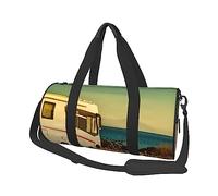 Borsone da viaggio con stampa di veicolo ricreativo sulla costa del mare, borsa da viaggio per la notte, grande capacità, pieghevole, unisex, borsa da palestra per viaggi all'aperto, nero, taglia