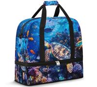 Borsone da viaggio con tartaruga oceanica, per donne e uomini, con pesci coralli tropicali, pieghevole, per sport, palestra, fine settimana, pernottamento, borsa da cabina con scomparto per scarpe